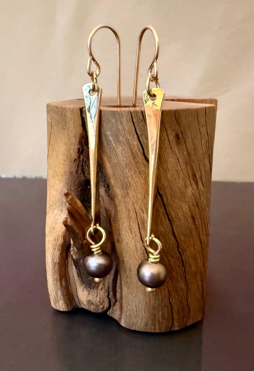 Earrings bronze dangle with Grey Pearl - JACK BOYD ART STUDIO & RON BOYD DESIGNS