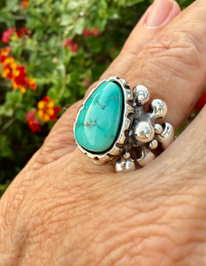 Ring Sterling Silver with Kingman Turquoise and silver bubble accents.