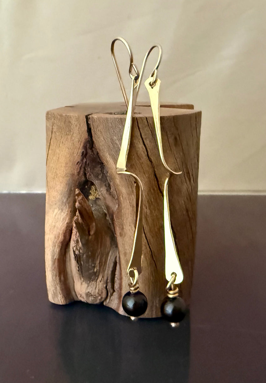 Earrings Bronze Dangle Twist with Black Tourmaline