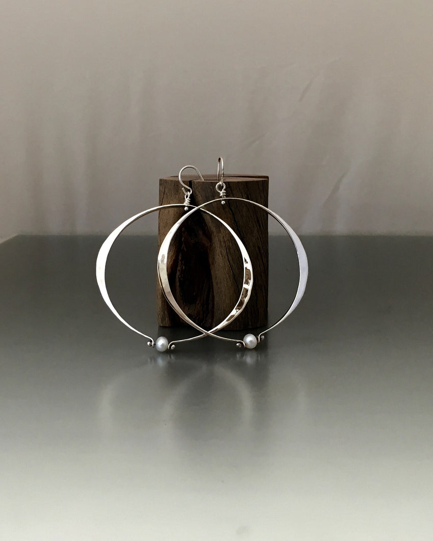 Sterling Silver Large Oval Loop Earrings With Pearl - JACK BOYD ART STUDIO and RON BOYD DESIGNS