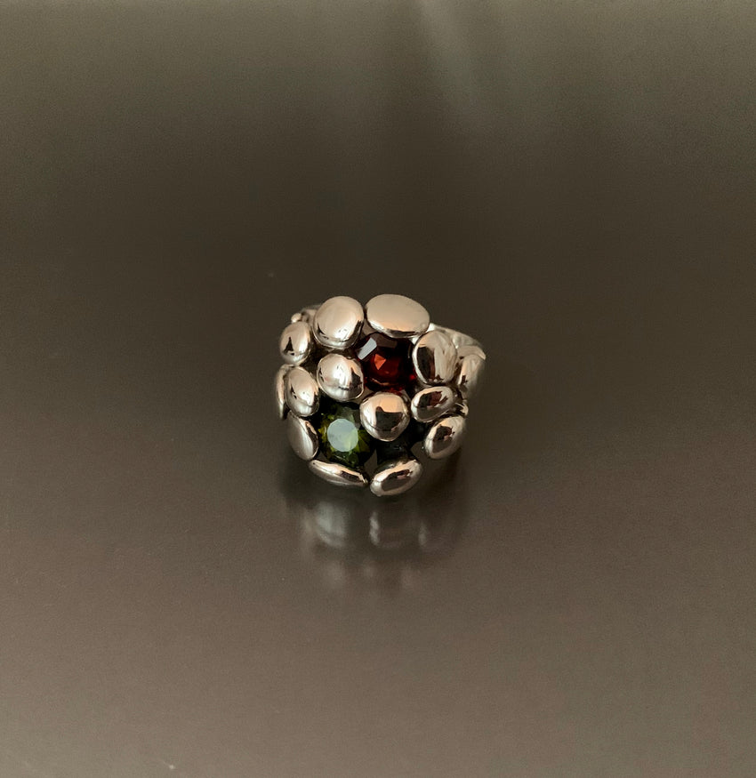 Ring Sterling Silver Bubbles with Garnet and Tourmaline