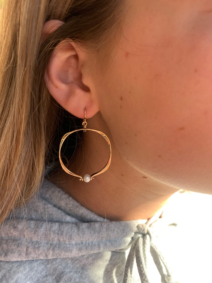 Bronze Square Shape Medium Loop Earrings with Pearl