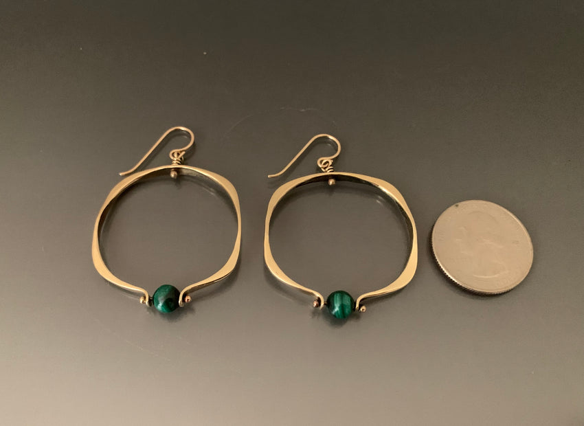 Earrings Bronze Medium Square Hoops with Malachite