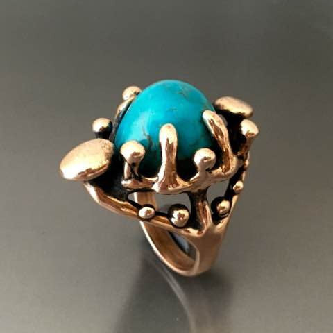 Carved Bronze Ring with Turquoise - JACK BOYD ART STUDIO and RON BOYD DESIGNS