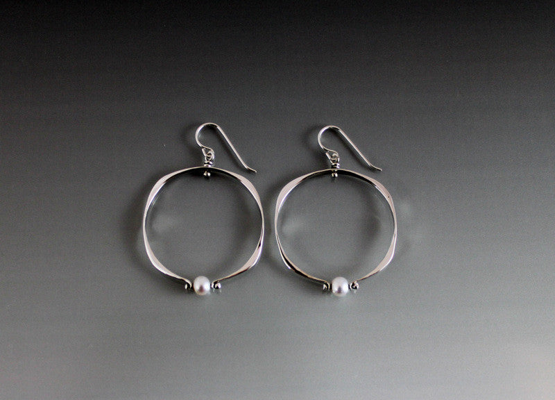 Sterling Silver Medium Loop Square Shape Earrings with Pearl - JACK BOYD ART STUDIO and RON BOYD DESIGNS